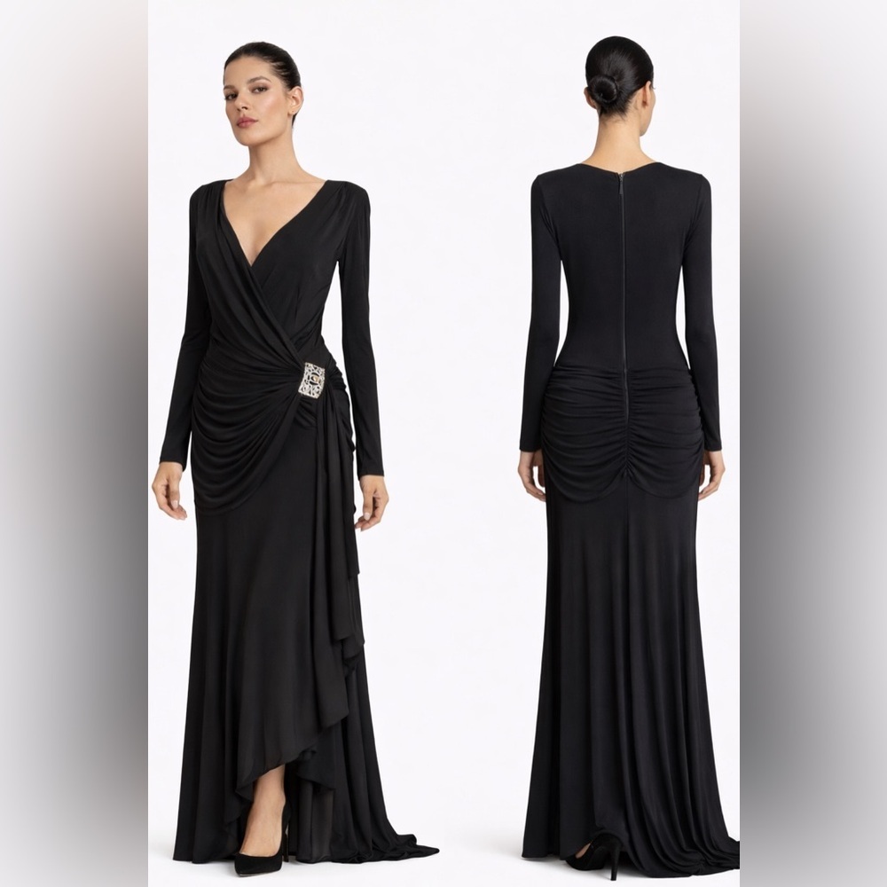 Tadashi Shoji draped low-V gown. 4